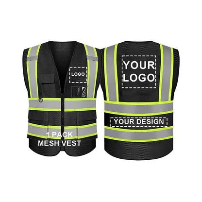 Gilet de sécurité noir avec logo personnalisé, réfléchissant, 5 poches et fermeture éclair, classe 2 haute visibilité, gilet de sécurité au travail