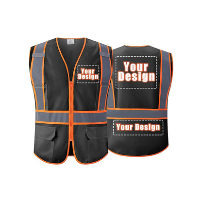Gilet de sécurité noir avec logo personnalisé, réfléchissant, 5 poches et fermeture éclair, classe 2 haute visibilité, gilet de sécurité au travail