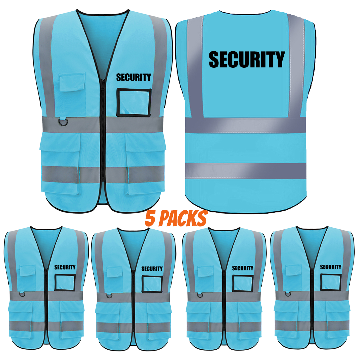 SECURITY Safety Vest with 5 Pokets and Zipper Reflective Vests Class 2 Visibility