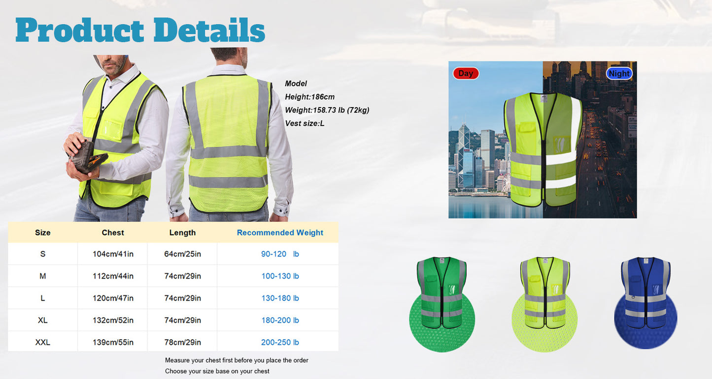 Reflective Safety Vest Breathable Mesh Material Class 2 Safety Vests ANSI with 5 Pockets Zipper High Visibility