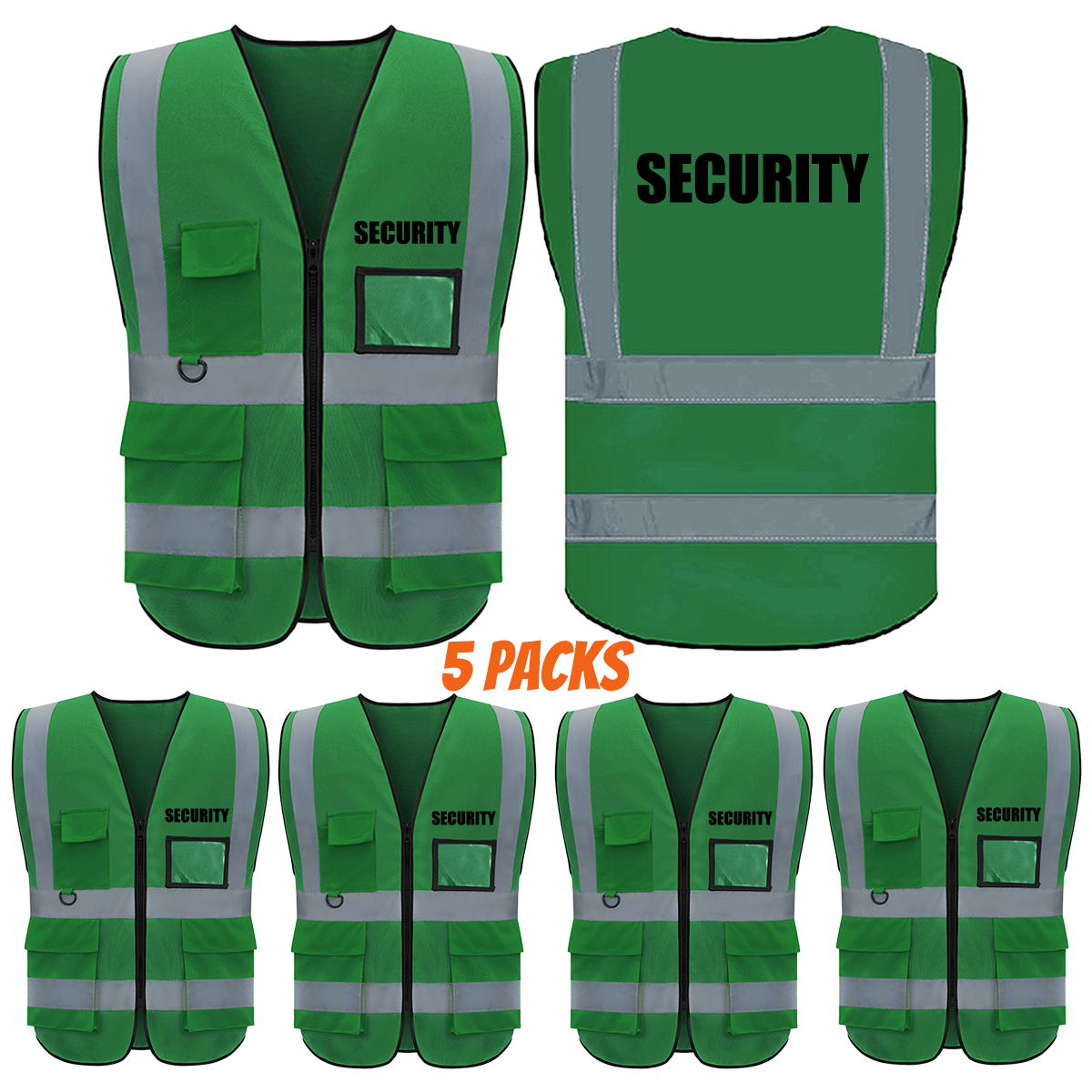 SECURITY Safety Vest with 5 Pokets and Zipper Reflective Vests Class 2 Visibility