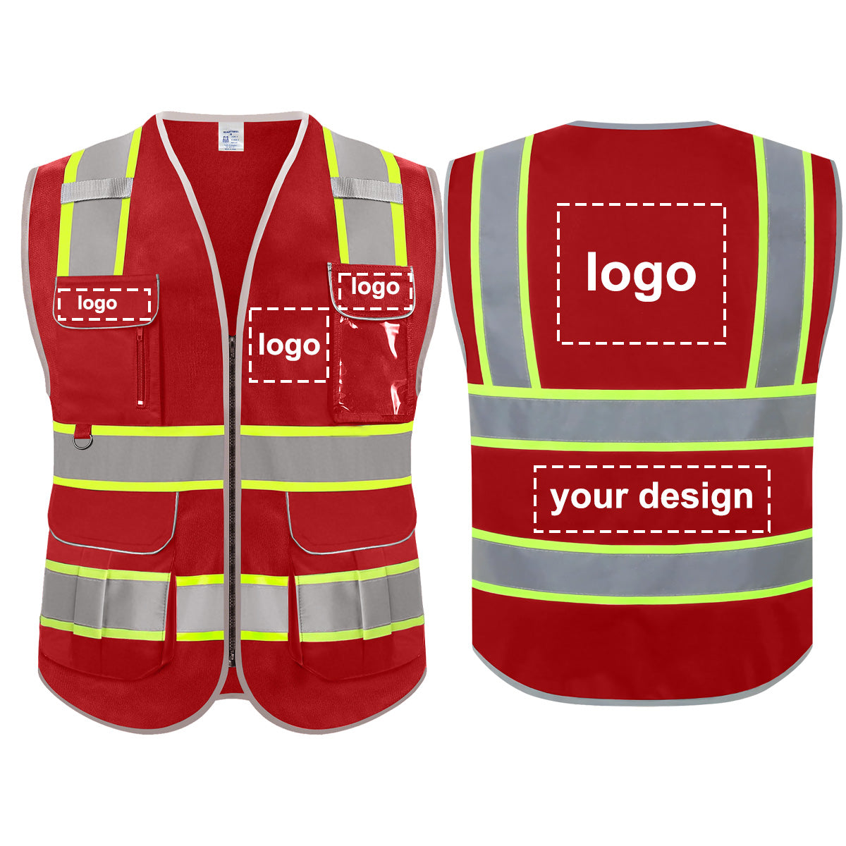 Red Safety Vest Hi Vis Reflective Security 8 Pockets and Front Zipper Reflective Security Vest  Class 2 Type R material meets ANSI