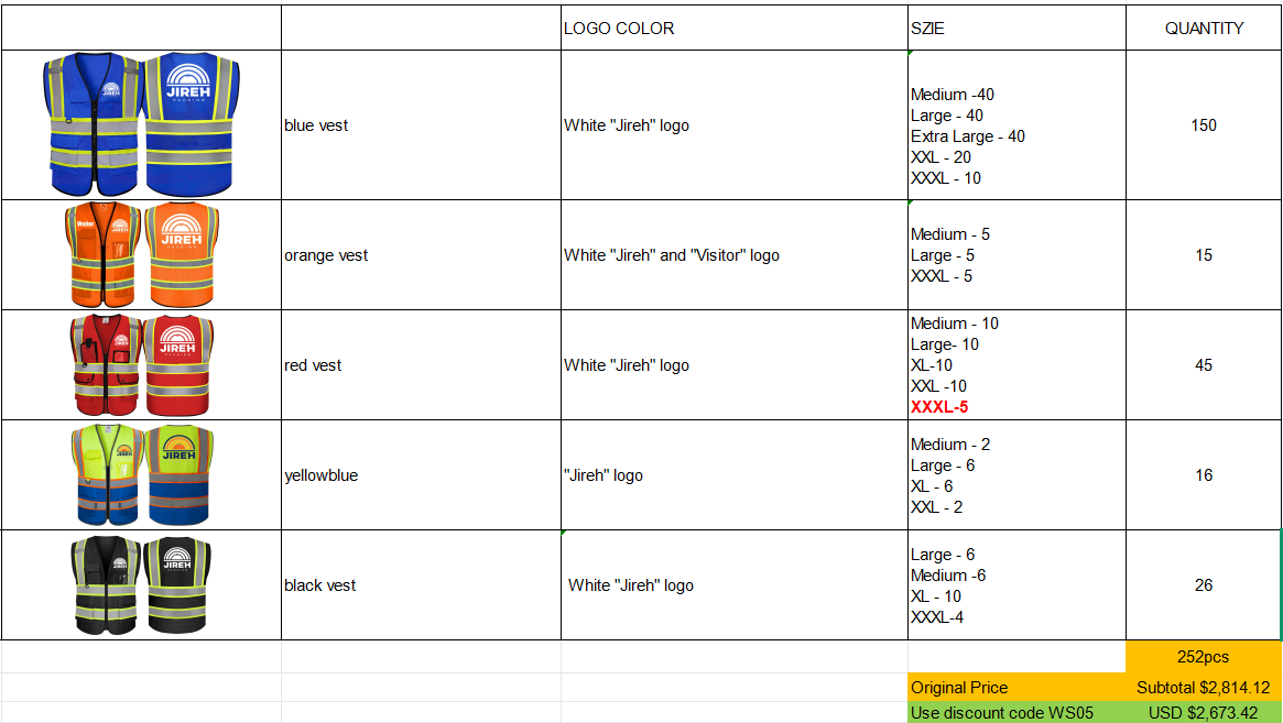 Jireh Custom Bulk Safety Vest with Logo-252 pieces safety vests