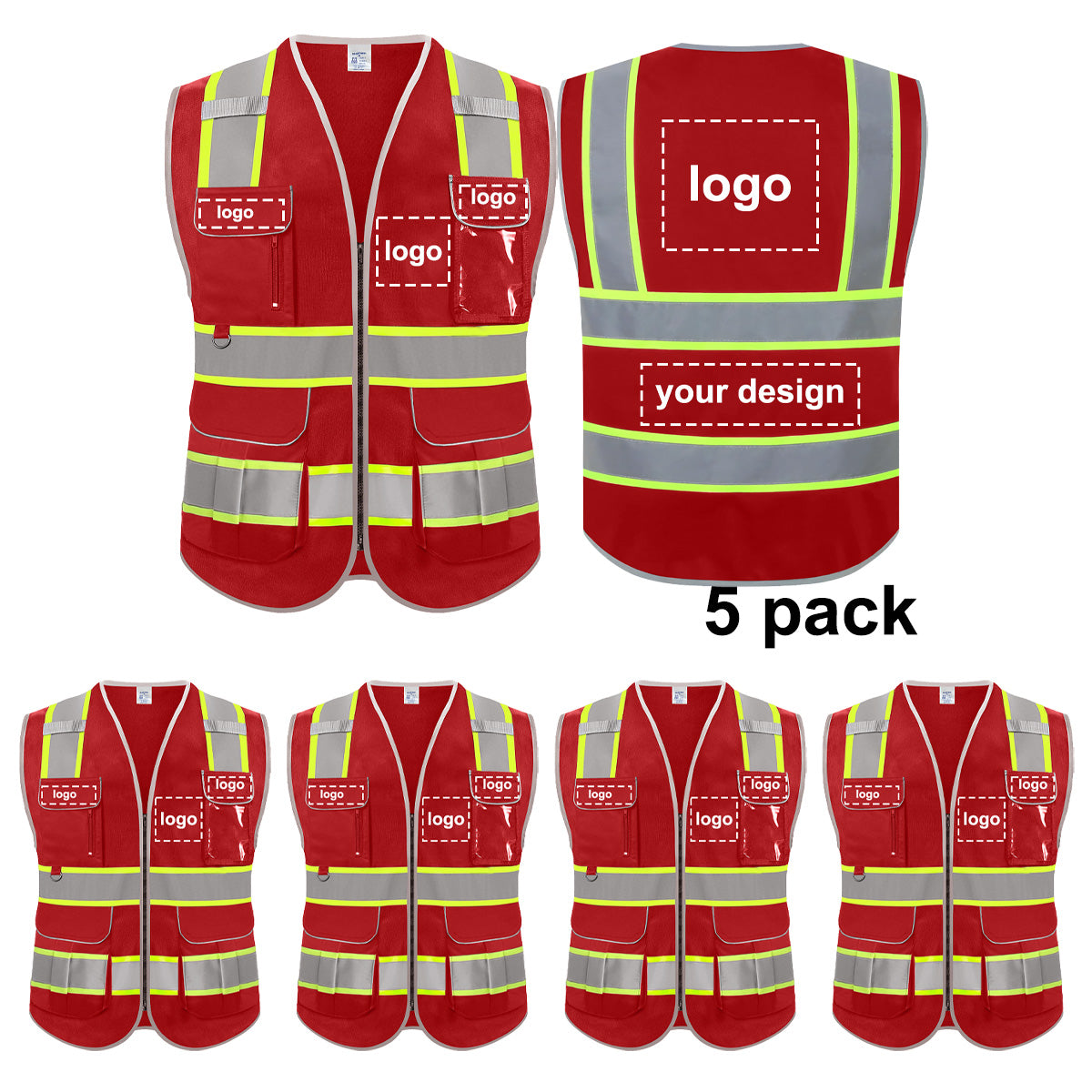 Red Safety Vest Hi Vis Reflective Security 8 Pockets and Front Zipper Reflective Security Vest  Class 2 Type R material meets ANSI