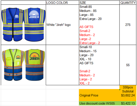 Jireh Custom Bulk Safety Vest with Logo-330 pieces safety vests AND 16 pieces vests gifts
