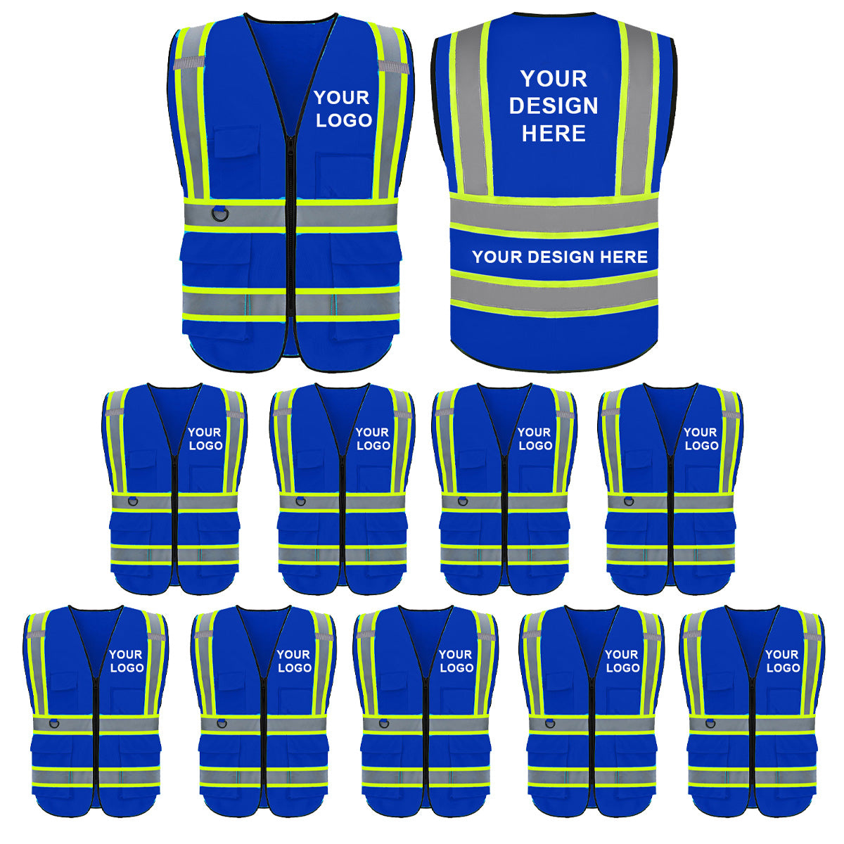 Custom Logo Reflective Safety Vest with 5 Pockets and Zipper Class 2 High Visibility Vest Work Safety Vest(Free Printed,No MOQ.)