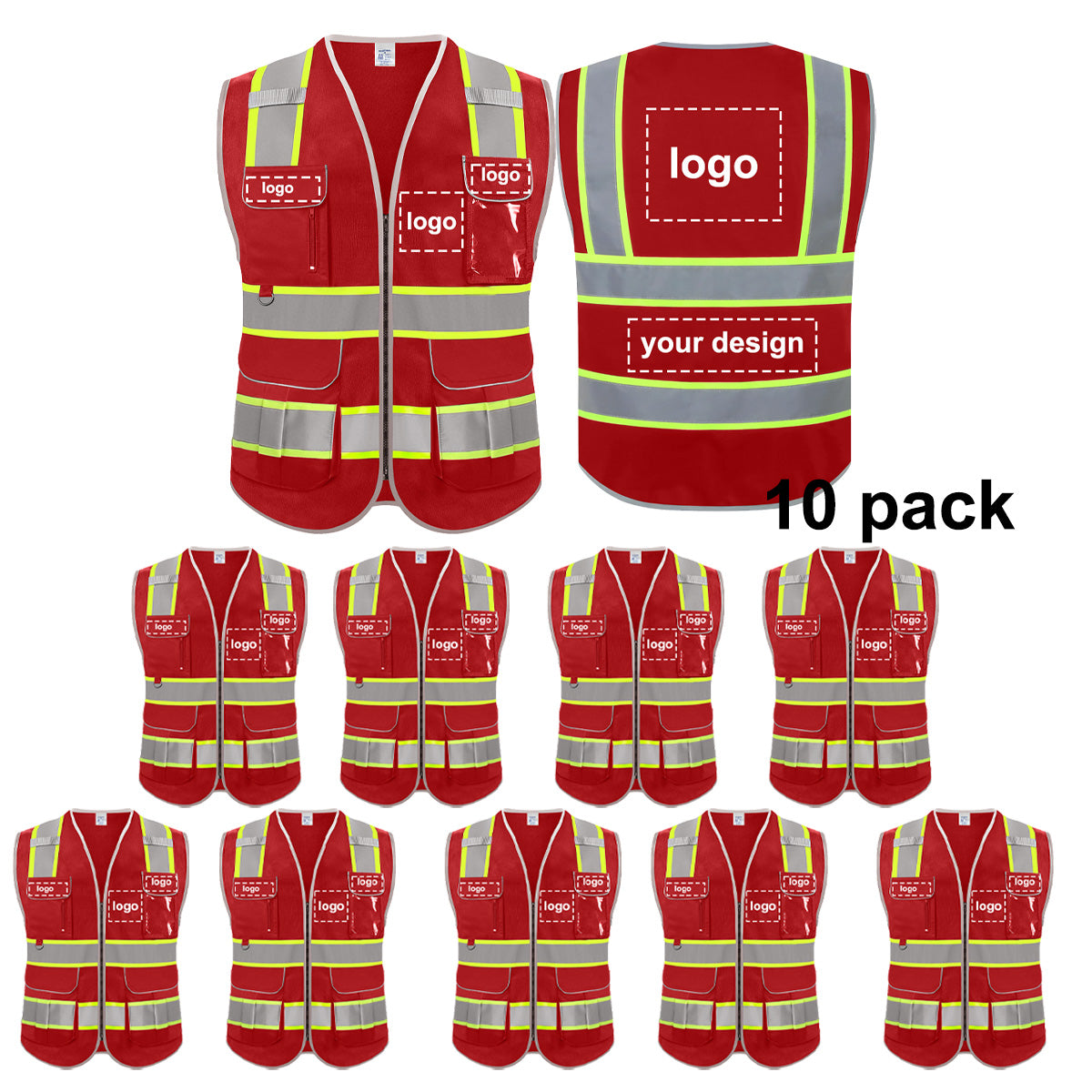 Red Safety Vest Hi Vis Reflective Security 8 Pockets and Front Zipper Reflective Security Vest  Class 2 Type R material meets ANSI