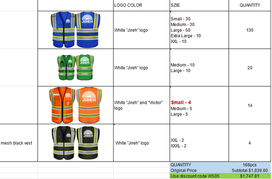Jireh Custom Bulk Safety Vest with Logo-168 pieces safety vests