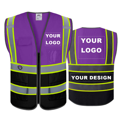 Chaleco de seguridad de malla personalizado, logotipo personalizado, chaleco reflectante de alta visibilidad de clase 2 con bolsillos, ropa de trabajo para construcción.
