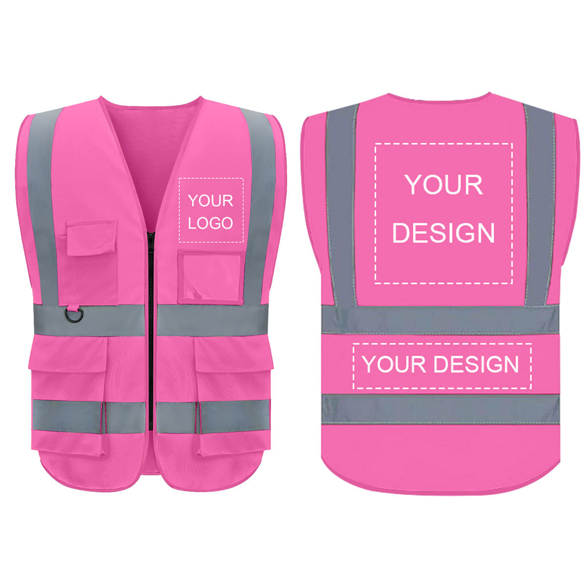 Gilet de sécurité personnalisé avec logo, lot de 1. Gilets réfléchissants de classe 2, visibilité personnalisable, en gros, avec poches et fermeture éclair (impression gratuite, sans minimum de commande).