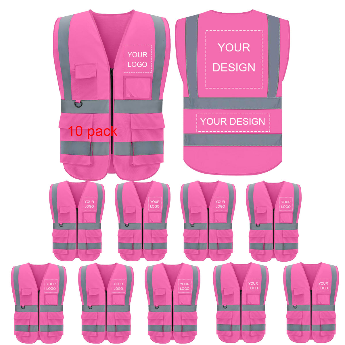 Gilet de sécurité personnalisé avec logo, lot de 1. Gilets réfléchissants de classe 2, visibilité personnalisable, en gros, avec poches et fermeture éclair (impression gratuite, sans minimum de commande).