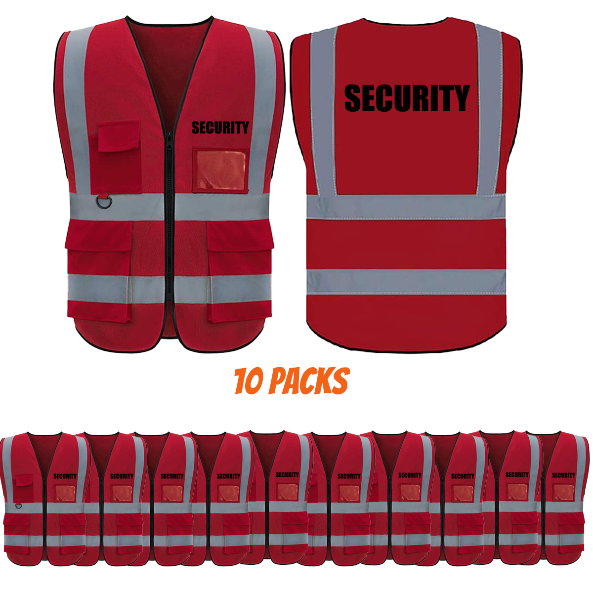 SECURITY Safety Vest with 5 Pokets and Zipper Reflective Vests Class 2 Visibility