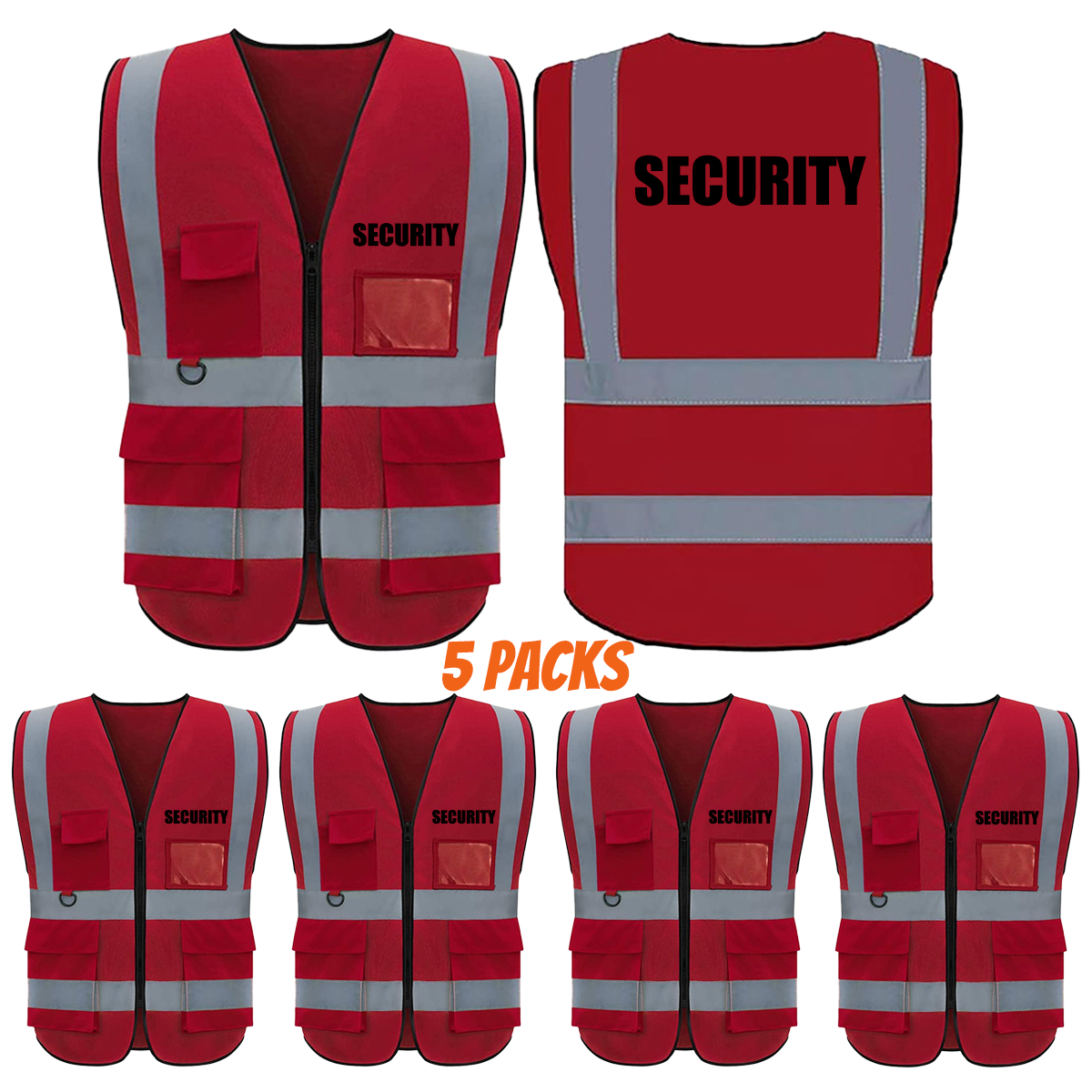 SECURITY Safety Vest with 5 Pokets and Zipper Reflective Vests Class 2 Visibility