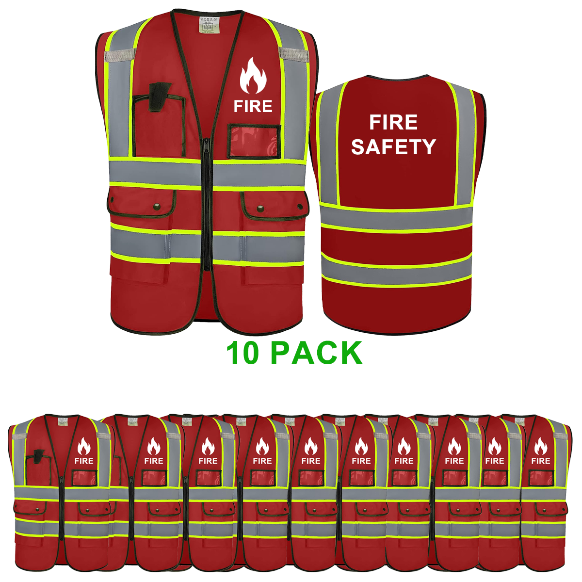 Fire Safety Vest Hi Vis Reflective Security 4 Pockets and Front Zipper Reflective Security Vest