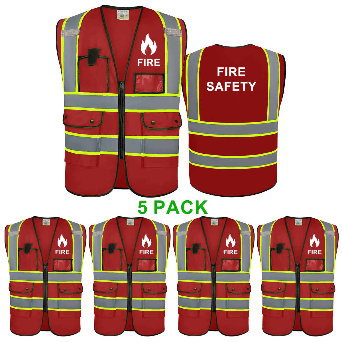 Fire Safety Vest Hi Vis Reflective Security 4 Pockets and Front Zipper Reflective Security Vest