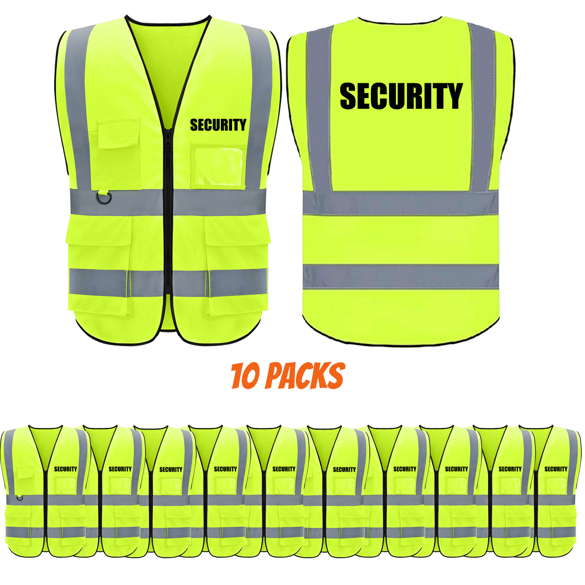 SECURITY Safety Vest with 5 Pokets and Zipper Reflective Vests Class 2 Visibility