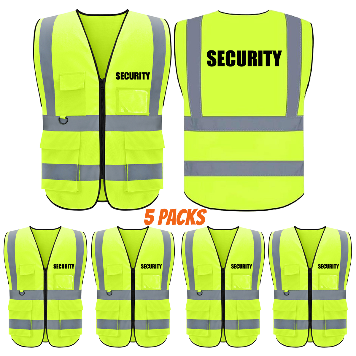 SECURITY Safety Vest with 5 Pokets and Zipper Reflective Vests Class 2 Visibility