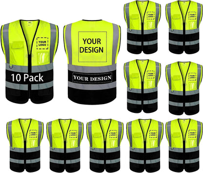 Chaleco reflectante de seguridad con logotipo personalizado, paquete de 1, ropa de trabajo para exteriores de alta visibilidad clase 2 con 5 bolsillos múltiples y cremallera (impresión gratuita, sin pedido mínimo).