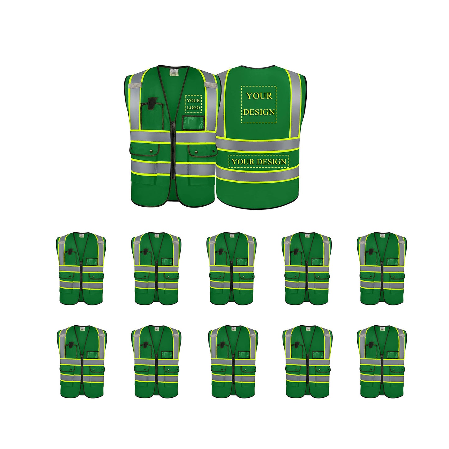 Custom Logo Safety Vest Customize Class 2 Visibility Reflective Vests Bulk with Pockets and Zipper