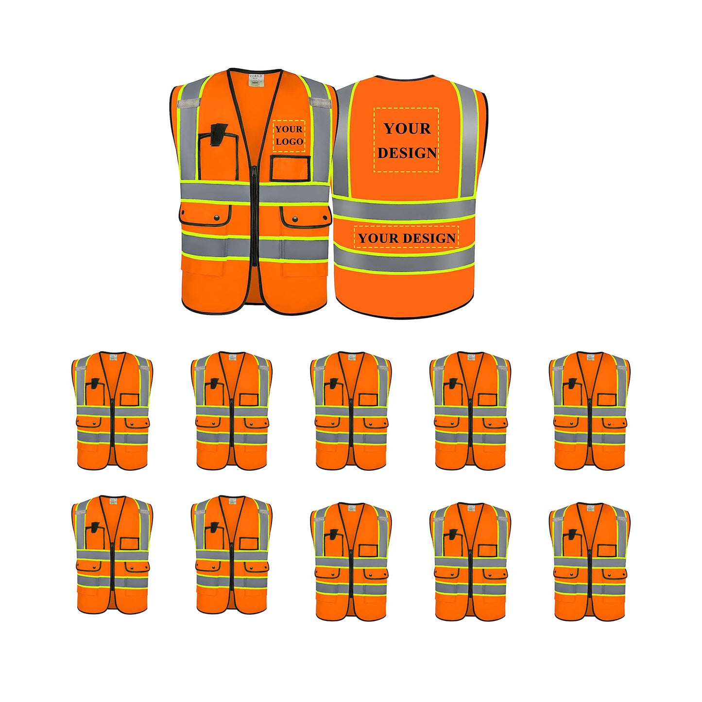 Custom Logo Safety Vest Customize Class 2 Visibility Reflective Vests Bulk with Pockets and Zipper