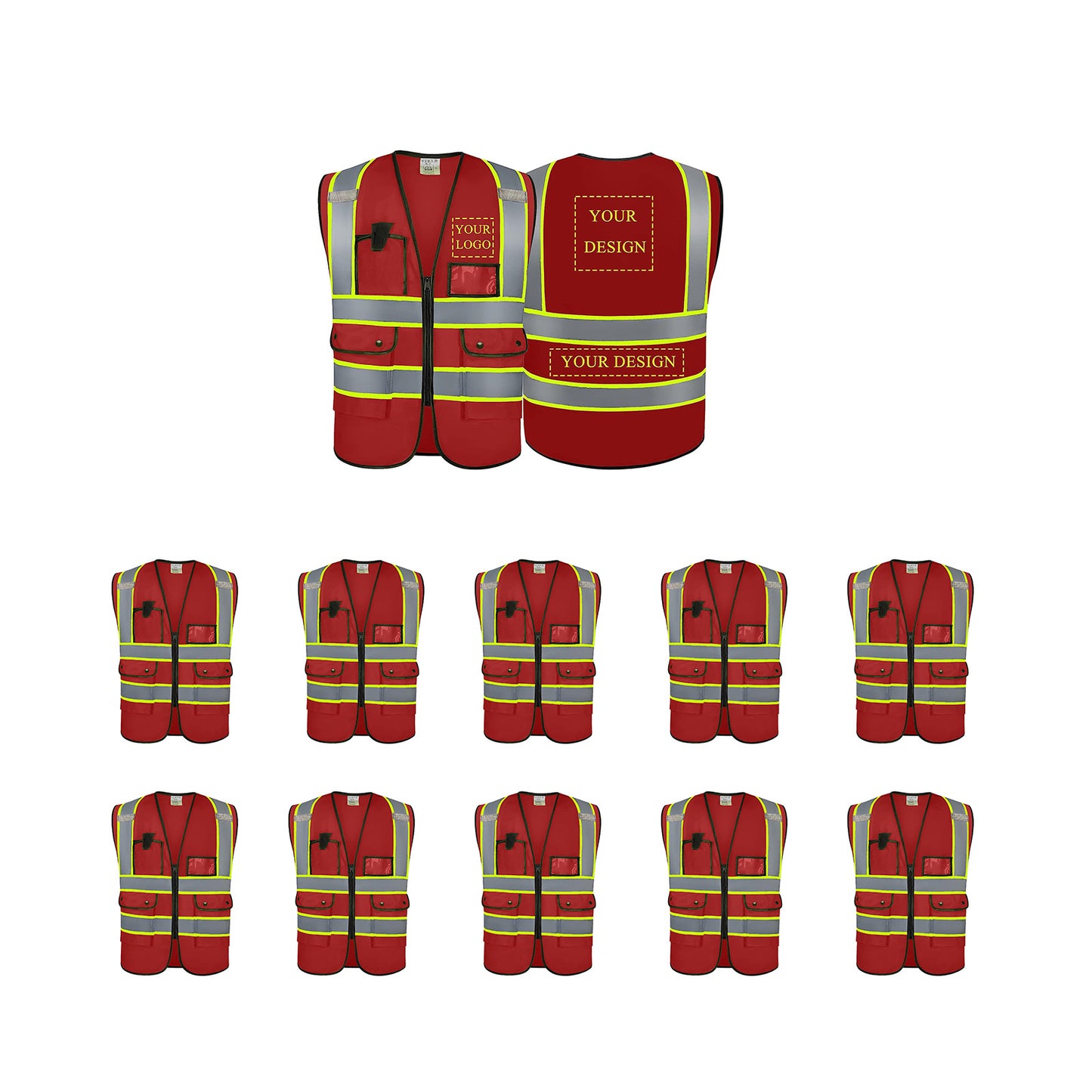 Custom Logo Safety Vest Customize Class 2 Visibility Reflective Vests Bulk with Pockets and Zipper