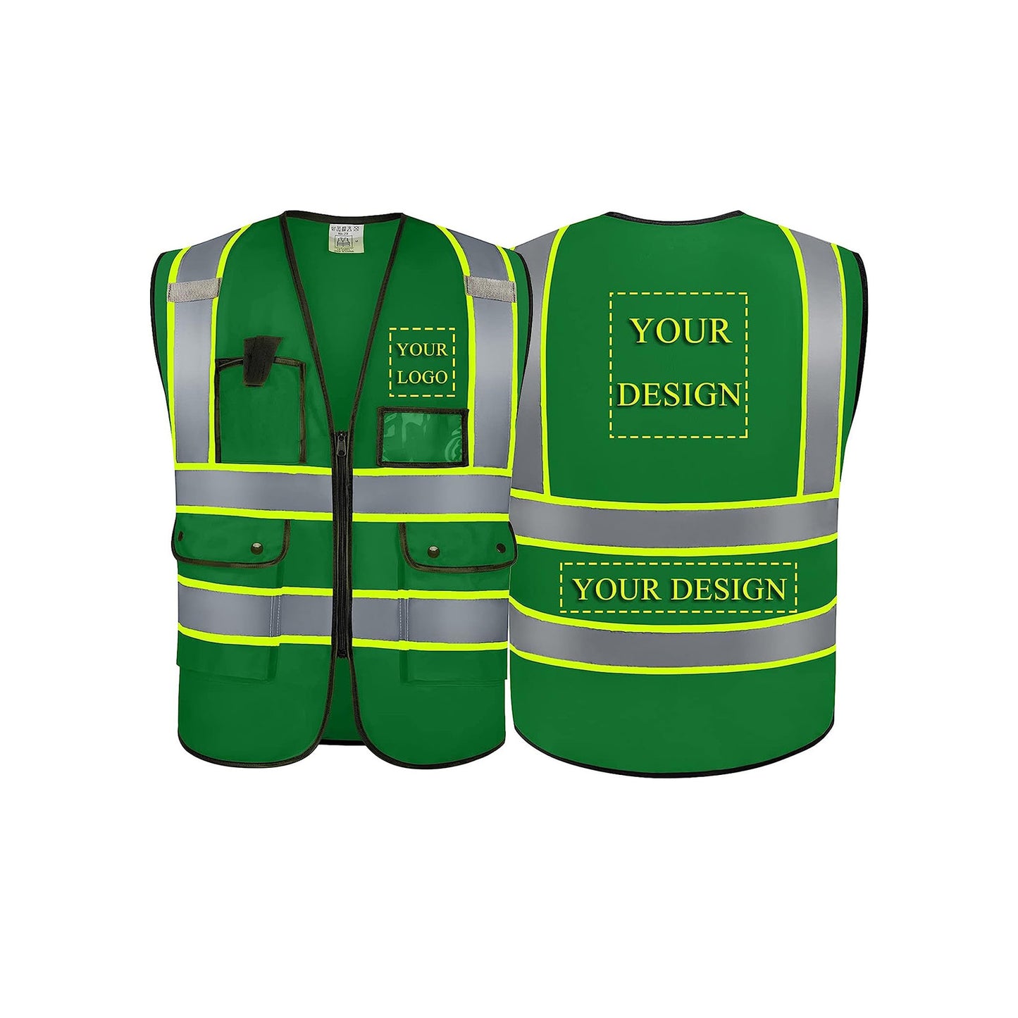 Custom Logo Safety Vest Customize Class 2 Visibility Reflective Vests Bulk with Pockets and Zipper