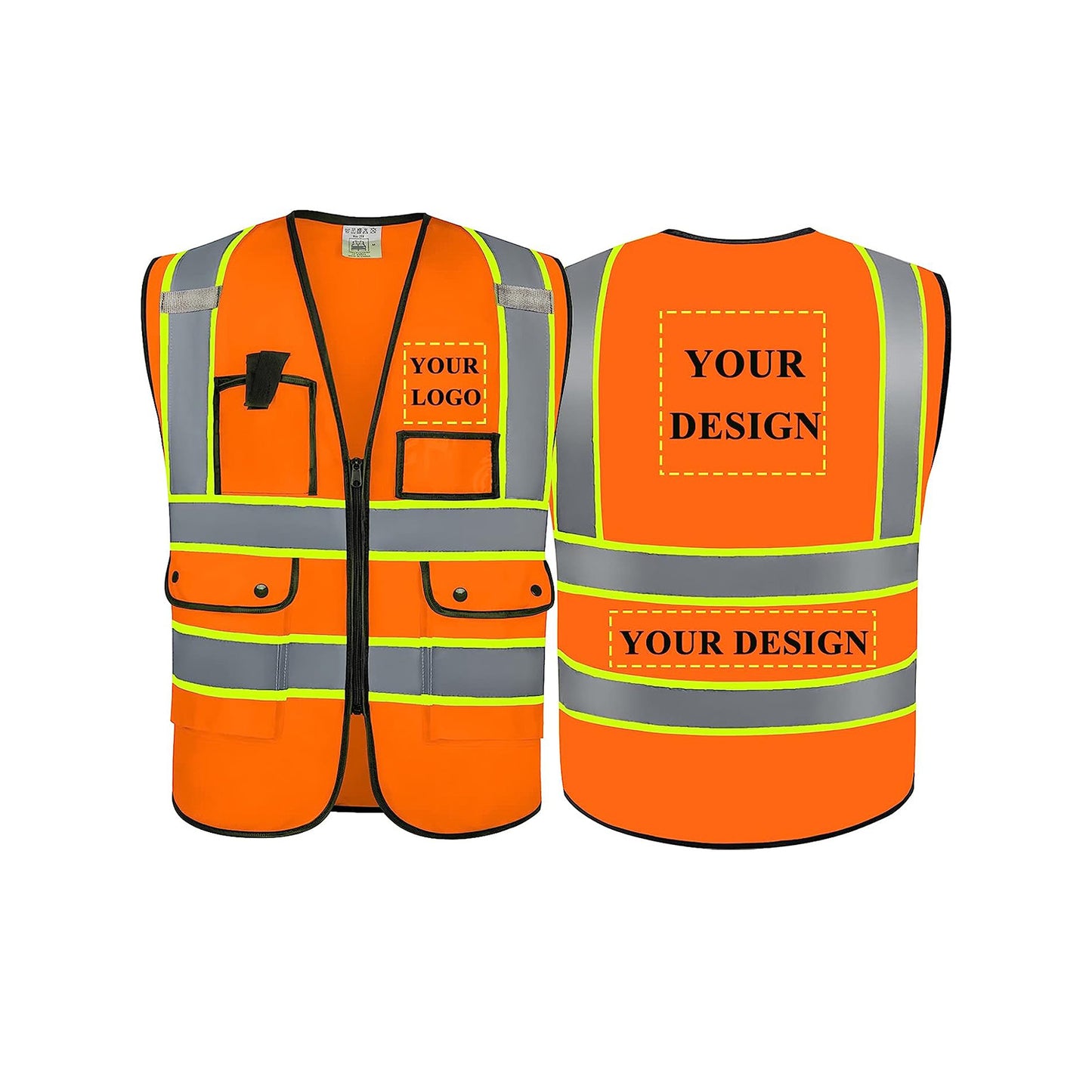 Custom Logo Safety Vest Customize Class 2 Visibility Reflective Vests Bulk with Pockets and Zipper