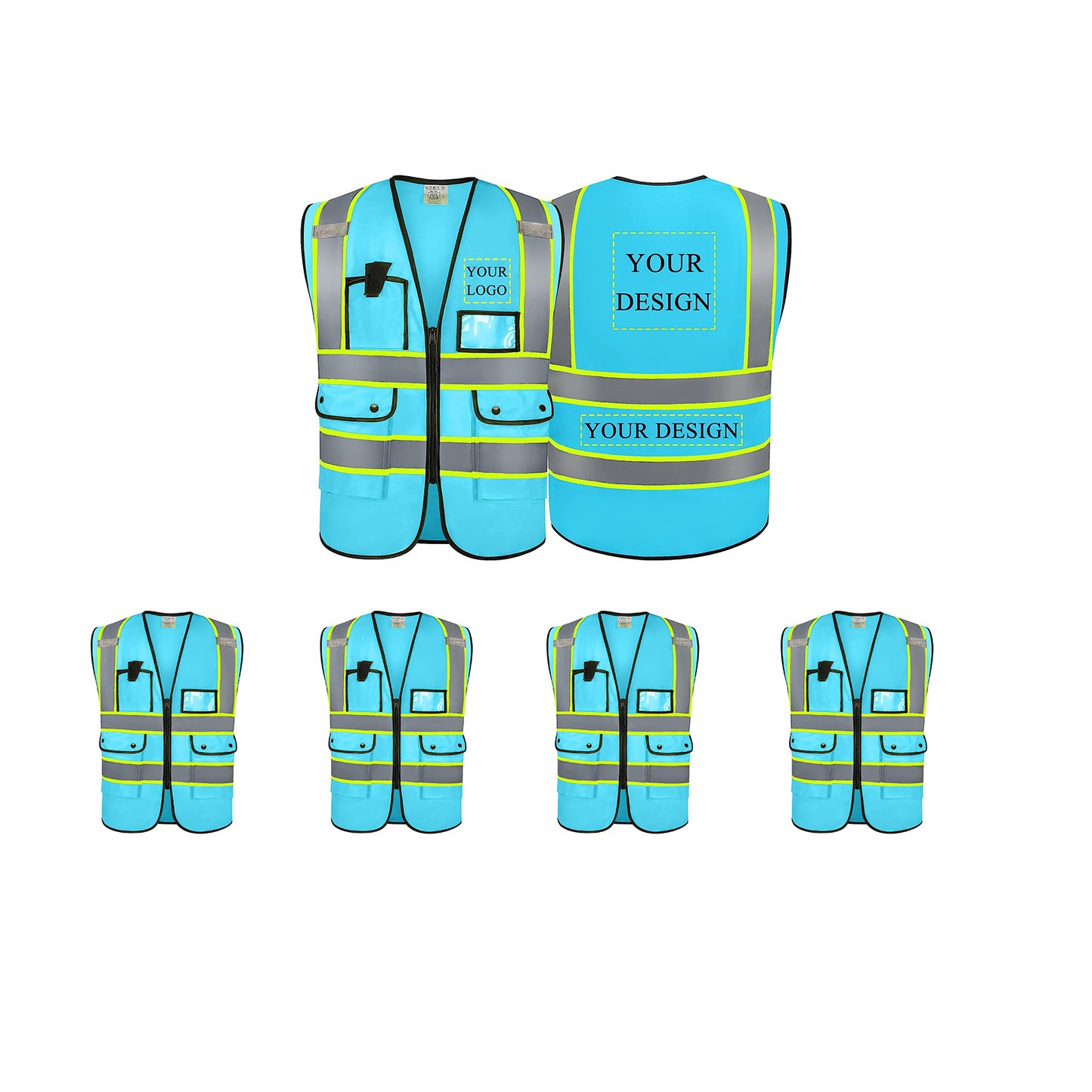 Custom Logo Safety Vest Customize Class 2 Visibility Reflective Vests Bulk with Pockets and Zipper