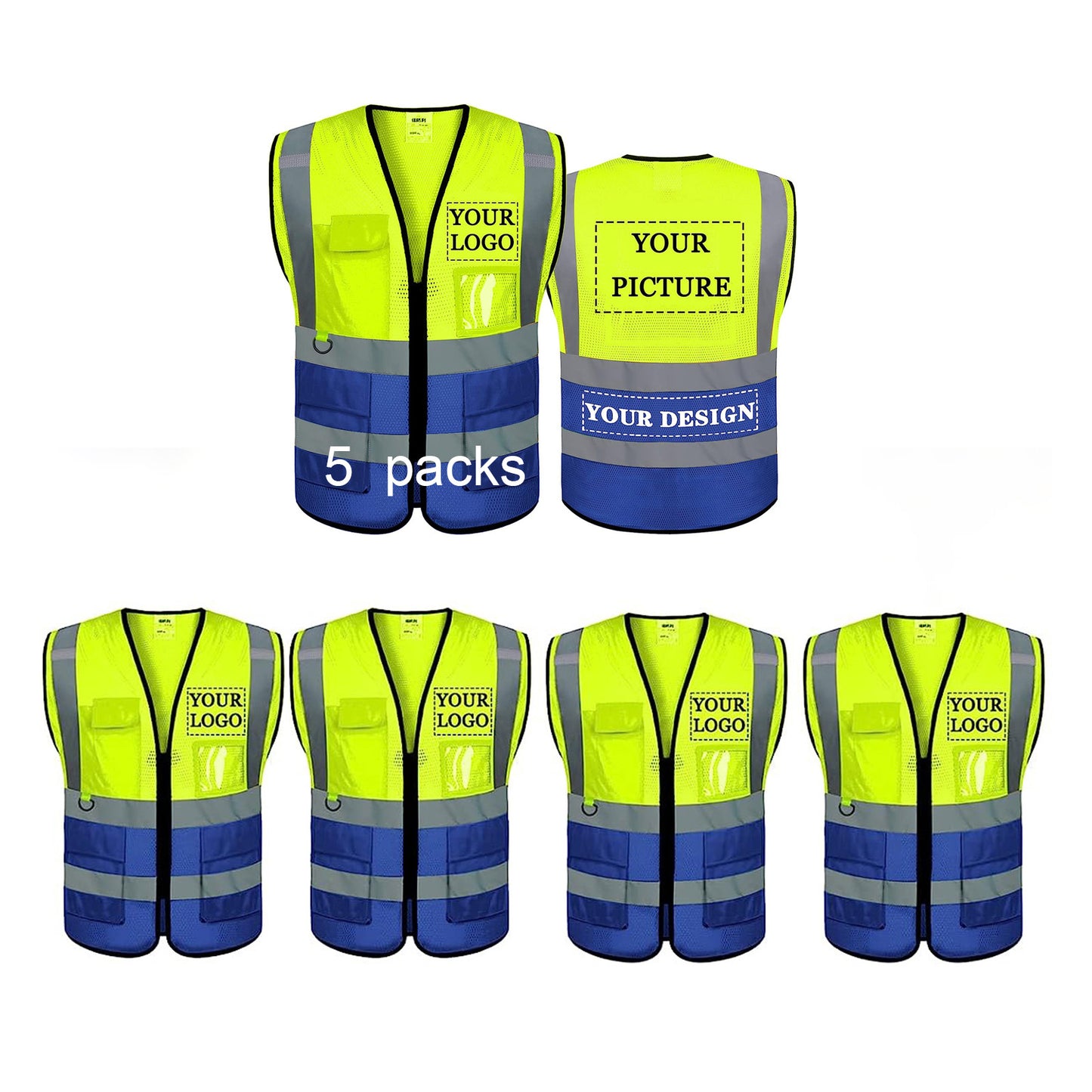 Custom Logo Safety Reflective Vest 1 Pack Class 2 Hi Vis Outdoor Strip Workwear with 5 Multi Pockets and Zipper(Free Printed,No MOQ.)