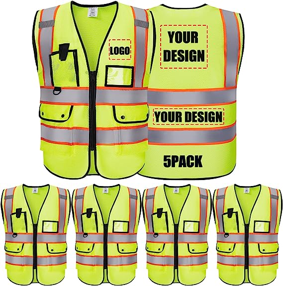 Custom Safety Vest With Logo Reflective Vest Class 2 Safety Vests Mesh Breathable With Pockets Zipper High Visibility Outdoor Protective Workwear