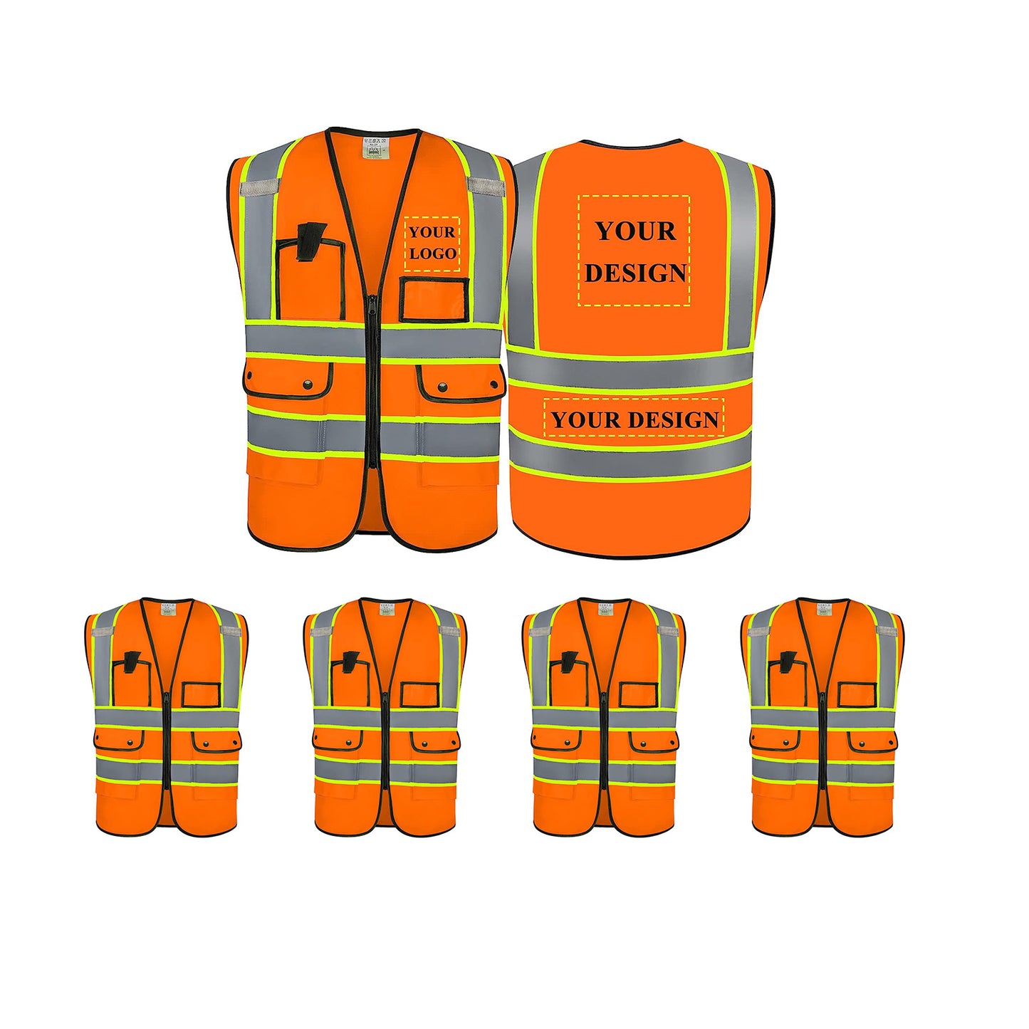 Custom Logo Safety Vest Customize Class 2 Visibility Reflective Vests Bulk with Pockets and Zipper