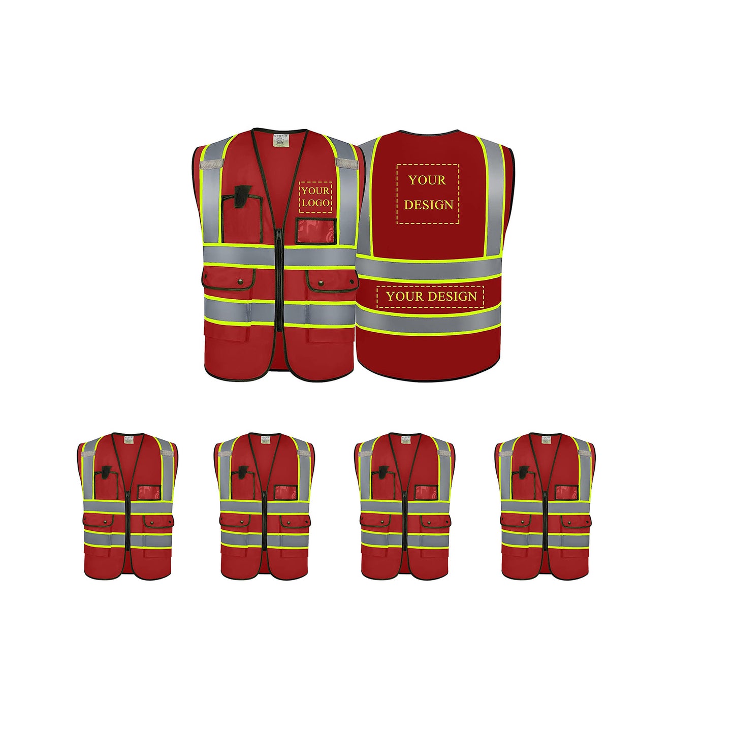 Custom Logo Safety Vest Customize Class 2 Visibility Reflective Vests Bulk with Pockets and Zipper