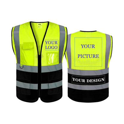 Chaleco reflectante de seguridad con logotipo personalizado, paquete de 1, ropa de trabajo para exteriores de alta visibilidad clase 2 con 5 bolsillos múltiples y cremallera (impresión gratuita, sin pedido mínimo).