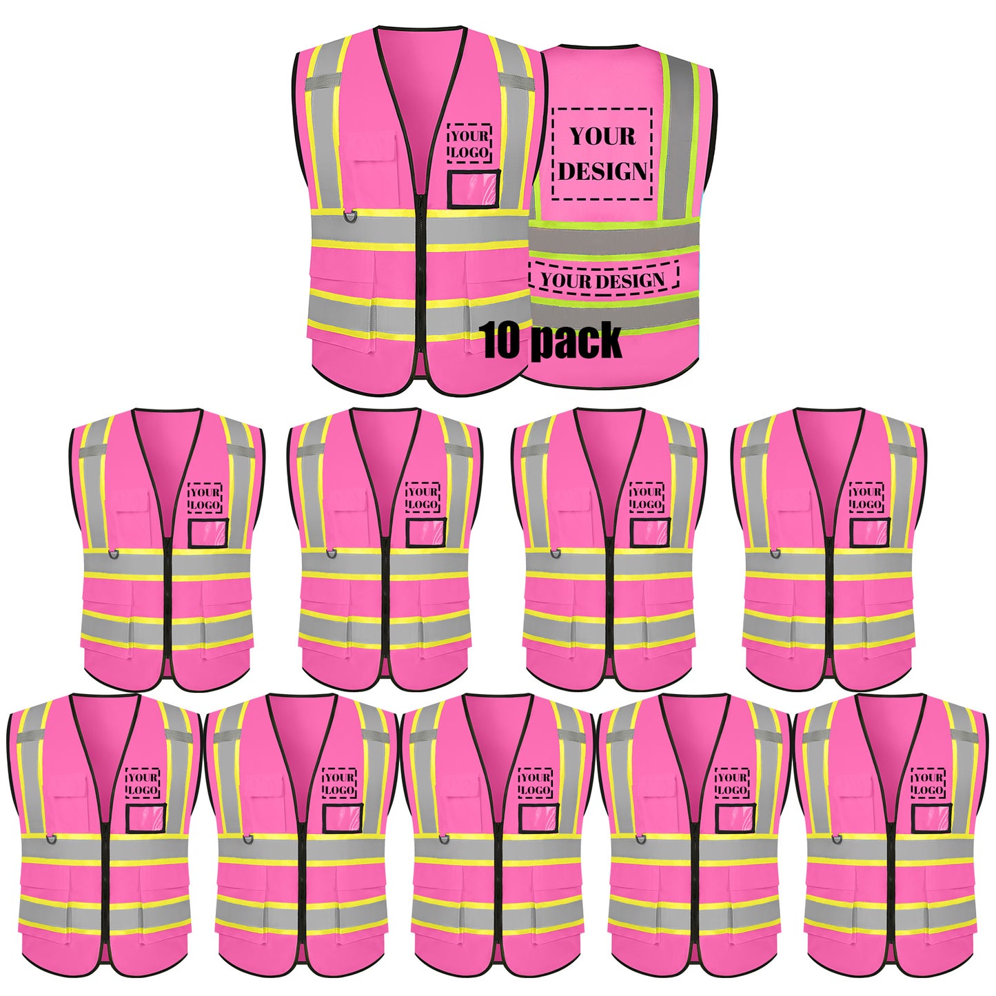 Custom Logo Reflective Safety Vest with 5 Pockets and Zipper Class 2 High Visibility Vest Work Safety Vest(Free Printed,No MOQ.)