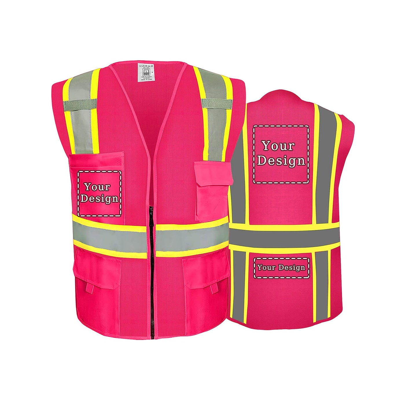 Custom Logo Safety Vest, Reflective Safety Vest, Class 2 ANSI with 5 Pockets Zipper High Visibility Construction Uniform