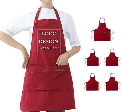 Delantal de lona personalizado, delantal personalizado con bolsillos para cocina, chef, parrilla, delantal personalizado con logotipo, texto e imagen.